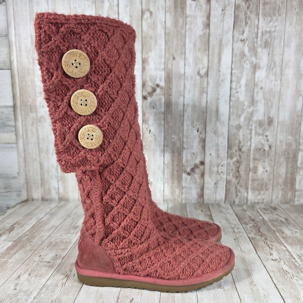 UGG Australia Knit Tall Boots Rose Gold Metallic Buttons Womens Size 6‎